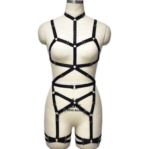Women Punk Goth Body Cage Bra Bondage Harness Belt Black Adjustable Sexy Lingerie Bodysuit Pole Dance Rave Leg Stockings Garter
