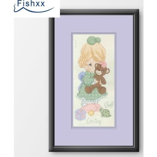 Fishxx Cross Stitch 14CT Kit European Style ChildrenS Bedroom Paintings H177 Girl And Her Teddy Bear DIY Embroidery