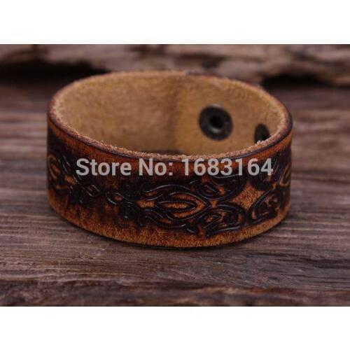 G89 Yellow Vintage Floral Embossed Quality Leather Wristband Bracelet Wide Cuff Mens