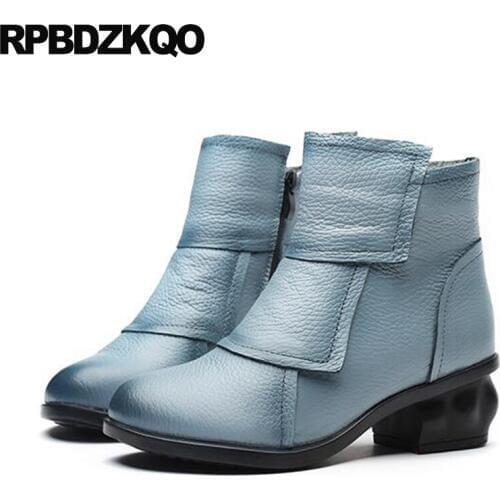 Chinese Shoes Short Blue Women Ankle Boots Medium Heel 2017 Fur Round Toe Chunky Cheap Waterproof Winter Fashion New Female