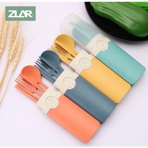 Portable Reusable Spoon Fork Travel Picnic Chopsticks Wheat Straw Tableware Cutlery Set With Carrying Box For Student Office