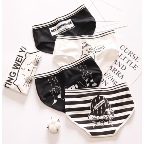 Simple Black White Cute Cartoon Comfortable Underwear For Women Fashion Middle Waist Bag Hip Breathable Panties Wholesale