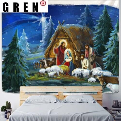 GREN Jesus Born Christmas Poster Picture Tapestry Wall Hanging Wall Covering Rugs Background Cloth Beach Mat Blanket Art Decor