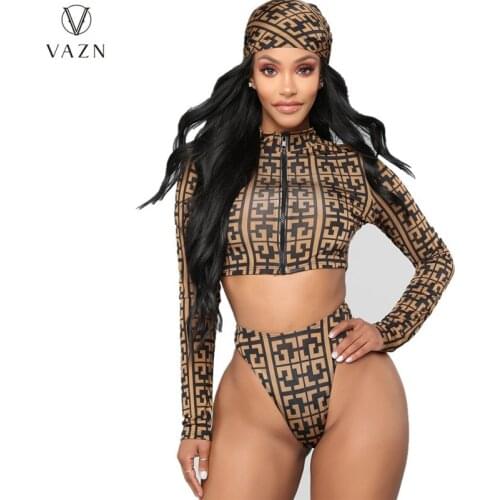 VAZN 2021 Autumn Classic Plaid Young Beach Set Full Sleeve Top Underweras 1 Piece Scarf Free Women 3 Piece Set Women Wear