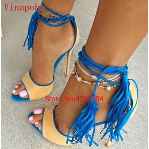 Vinapobo Women fashion tassel Shoes Gladiator High Heel Sandals Brand fringe Sandlias Blue Red Sexy Ladies wedding Shoes size 43