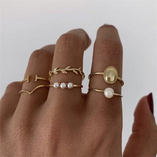 LXY-W Golden Faux Pearl Geometric Olive Leaf Round Set Trendy Personality Ring For Women New Fashion Vintage 2021 Rings Jewelry