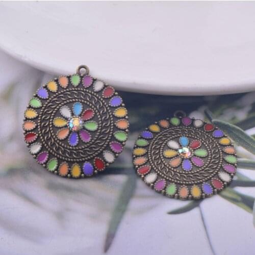12pcs 29*27MM Antique Bronze Colorful Enamel Round Charm Earring Component DIY Tassel Earrings Pendant