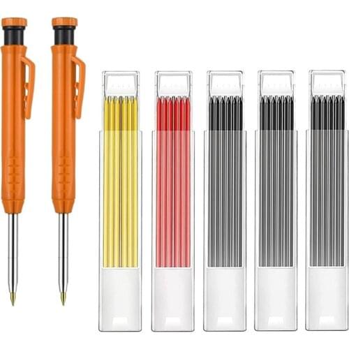 2 Pcs Solid Carpenter Pencil for Construction with 31 Refill Leads Built-in Sharpener, Long Nosed Mechanical Pencil