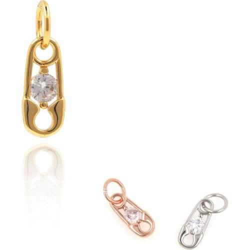 Golden Safety Pin Pendant, CZ Micropavé Square Necklace, Imitation Diamond Jewelry, DIY Accessories 13x4.3x1.8mm