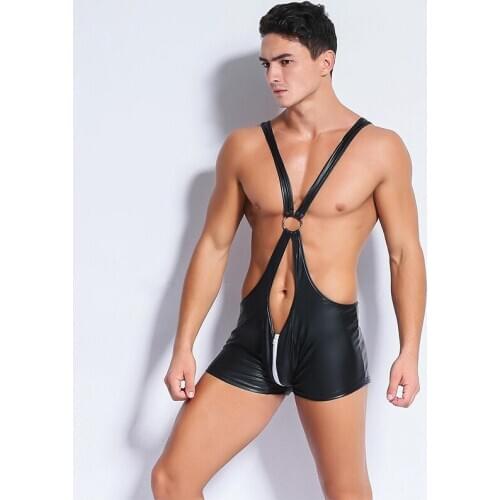 Men Faux Leather Catsuit Sexy Lingerie Latex PVC Night Club Bodysuit gay fetish cosplay Zipper open crotch Erotic wear costumes
