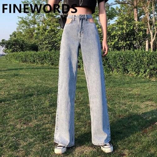 FINEWORDS High Waist Sexy Hollow Out Vintage Jeans Women Korean Causal Wide Leg Jeans Streetwear Loose Plus Size Blue Mom Jeans