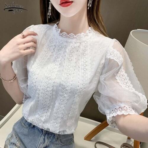 2021 New Korean Fashion Women Blouse Sexy Hollow Out Stitching Lace Top Elegant Female Office Shirt Three Quarter Blouse 13671