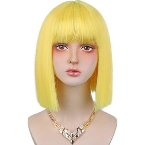 Vigorous Synthetic Bob Wig with Bangs Short Straight Wigs for Women Yellow Pink Blue Purple Cosplay Wig Natural Fake Hair