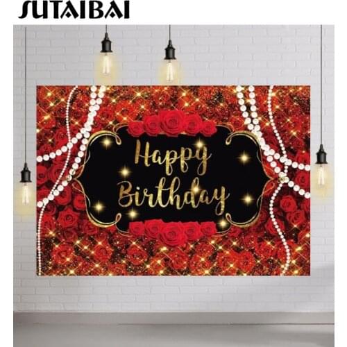 Happy Birthday Background Glitter Gold Sands Red Roses Valentines Day Pearls Girl Women Wedding Decoration Backdrop Photozone