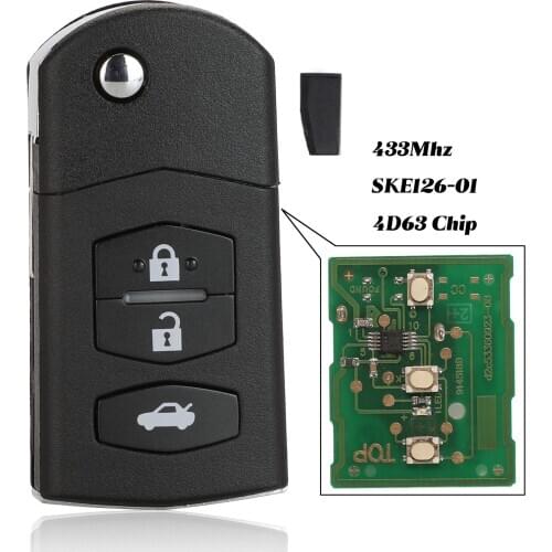 Jingyuqin Folding Remote key Car Starter 3 Button 433MHz 4D63 Chip For Mazda 2 / 3 / 5 / 6 / MX5 / CX7 (SKE126-01)