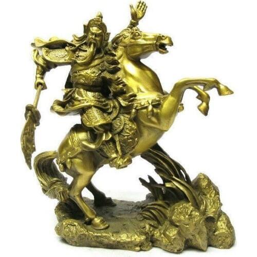 Chinese BRASS brass Dragon Warrior Guan Gong/ Yu on horse Statue 7"H Gold Medicine copper Decoration real Brass