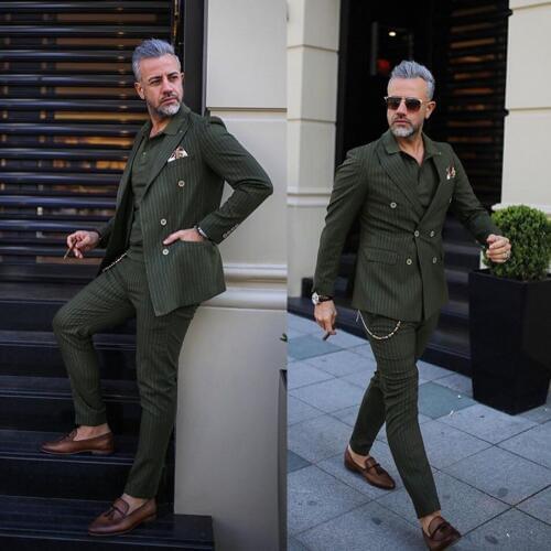 Classic Dark Green Stripe Men Tuxedos Groom Wedding Suits Slim Fit Double Breasted Peaked Lapel Mens Suit 2 Pieces Coat Pants