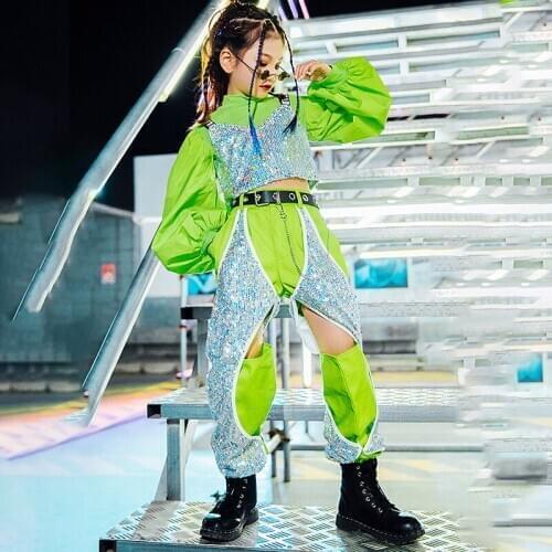 Children Catwalk Shiny Sequin Set Green Tops Kids Jazz Dance Costume Girls Modern Street Dance HipHop Suit Festival Outfit