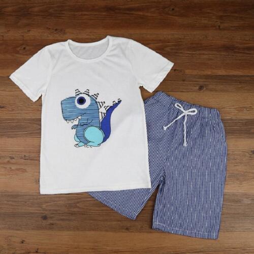 Embroidery Dino Baby Boy Clothes Suit Summer Fashion Children Tee Shirt Stripe Vertical Stripe Shorts Pants 2-Pieces Set T-Shirt