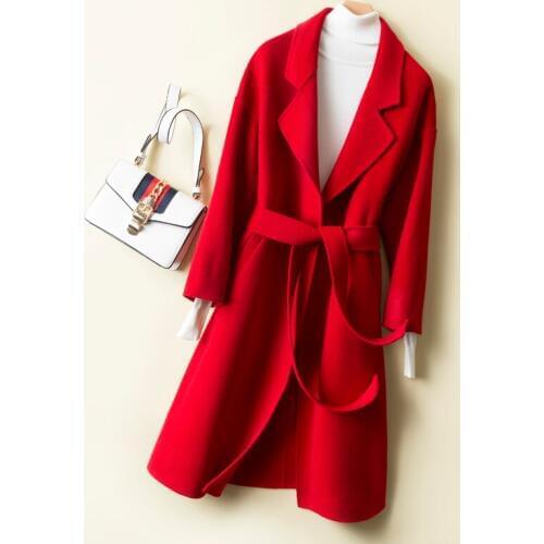 Red Double-sided Wool Coat Women Autumn Winter High Quality Loose Long Woman 100% Wool Jacket Female Office Lady Belt Overcoat