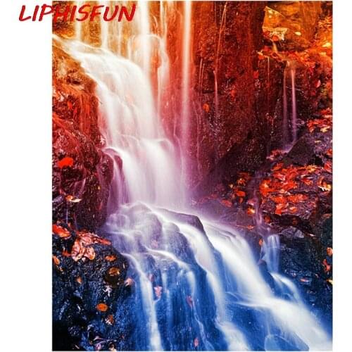 LIPHISFUN Full Drill Diamond Painting Handmade Diamond Embroidery Landscape Rhinestone Square/round Home Decor autumn waterfall
