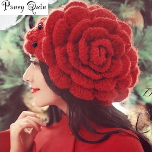 Sweet women winter hat Beanies big flowers Beads Caps Lady Headgear Beanies Women Knitted Hats gorros mujer invierno