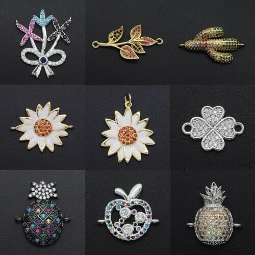 New Diy Pineapple CZ Charms Wholesale Cactus Necklace Pendant Zircon Apple Connector For Jewelry Sunflower Making