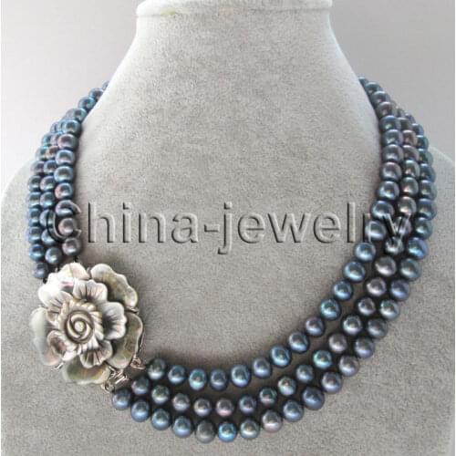 - 3row 17-19" 8-9mm natural black round freshwater pearl necklace - flower