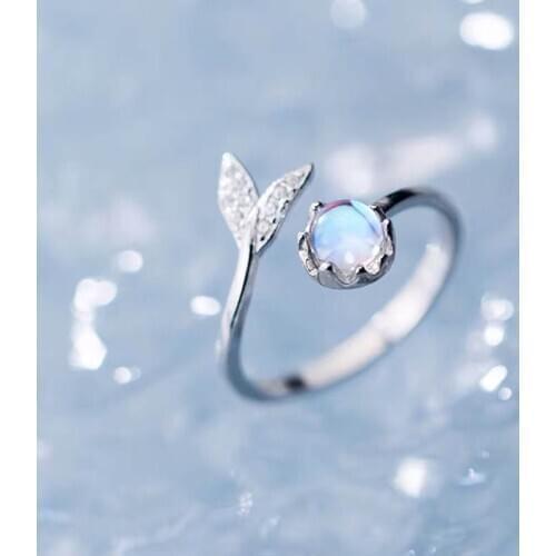 Real 925 Sterling Silver Rings Cute Mermaid Tail Moonstone Adjustable Ring Fine Jewelry For Women Party Elegant Accessories