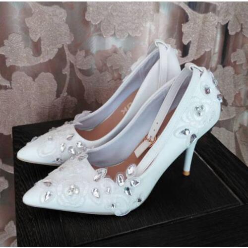 9cm thin heel point toes white laces wedding shoes woman fashion handmade womans super high heels brides wedding pumps shoes