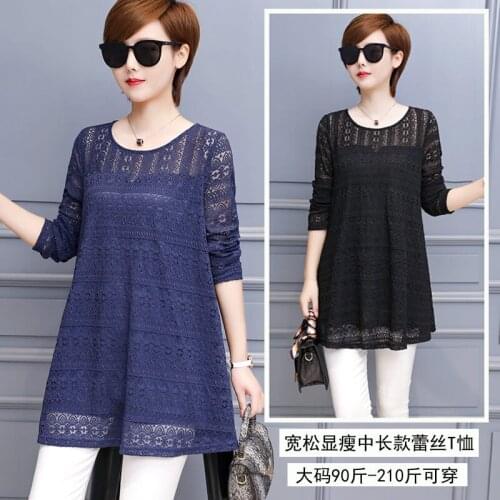 Clothes Womens 2021 Spring Autumn Plus Size Loose Long-Sleeve T-Shirt Md-Length Hollow Out Lace Blouse And Tops L-5XL zh1624