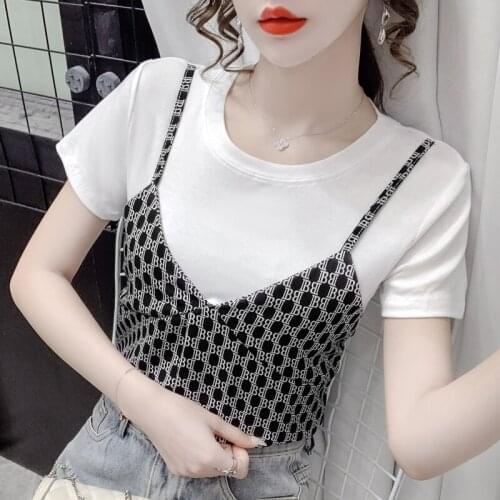 Woman Tshirts Summer New Fashion Sweet Femme Tees Casual Slim Fit Solid O-Neck Short Sleeve Female Tops Patchwork 2021 S0214