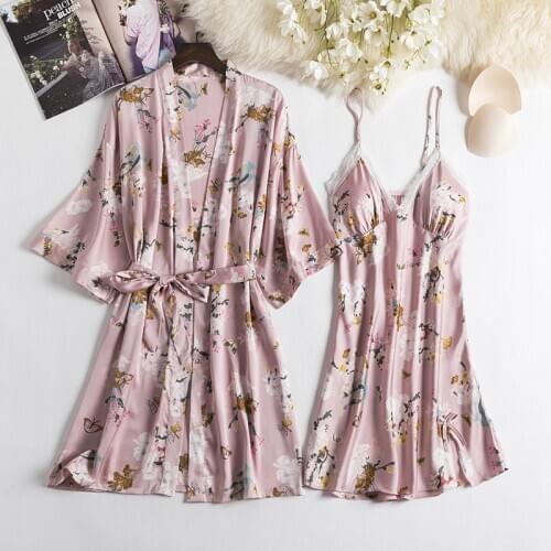 Satin Print Flower Kimono Bathrobe Gown Lady Robe Set Intimate Lingerie Sexy Nightwear Lace Homewear Silky Sleep Suit