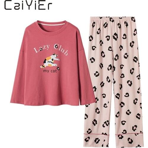 CAIYIER Cotton Pajamas Set Girls Winter Cartoon Cat Print Nightwear Long Sleeve Trousers O-Neck Leopard Print Women Sleepwear