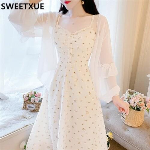 SWEETXUE 2021 Summer French Sling Floral Long Dress + Sun Protection Shirt Two-Piece Set Womens Fashion Casual Holiday Female