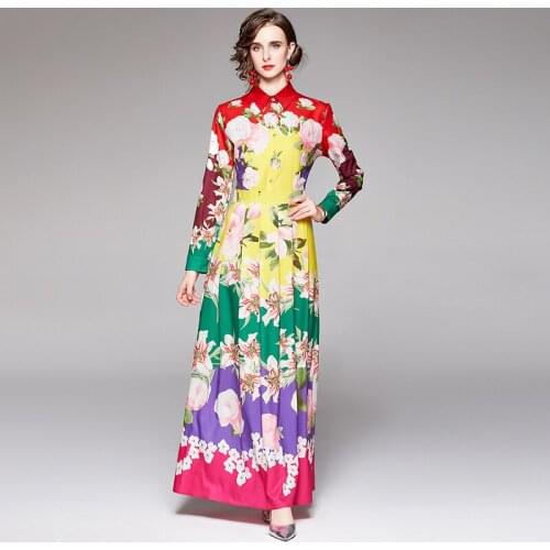 Autumn Runway Designer Maxi Dress Women Long Sleeve Turn Down Neck Charming Floral Print Long Party Dress k8621