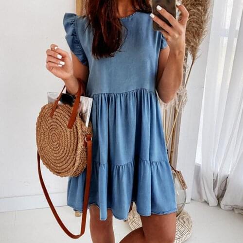 Women Loose Casual Sleeveless Solid Color Cake Dress All Match O-neck Ruffle Hem Loose Mini Dress Women Clothing Femme Robe