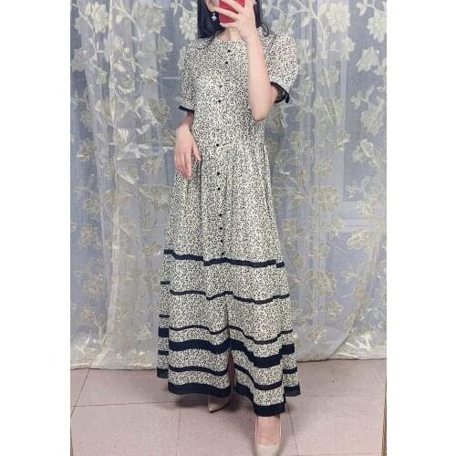 Floral Print Women O-Neck Maxi Dress 2021 New Short Sleeve Lace Patchwork Ladies Single-Breasted Long Dresses Female Robe