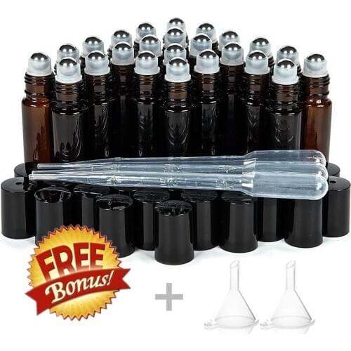 24pcs 10ml Amber Glass Roll On Bottle Empty Vials with Stainless Steel Metal Roller Ball for Essential Oils Perfume Aromatherapy