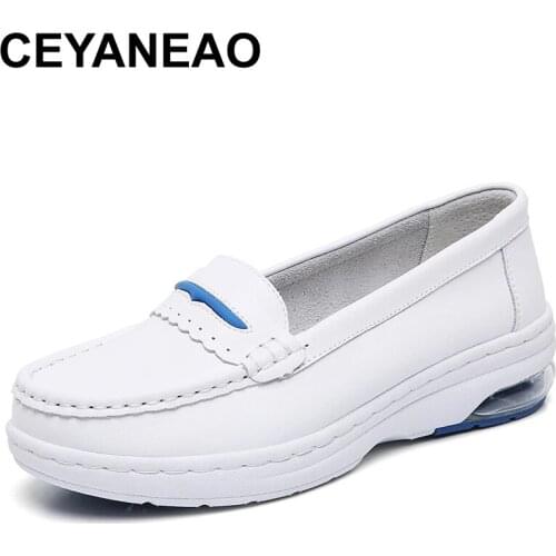 CEYANEAO Genuine Leather Profession Cushioning Casual Shoes Women White Comfortable Slip-on Sneakers Ladies Non-slip Sport