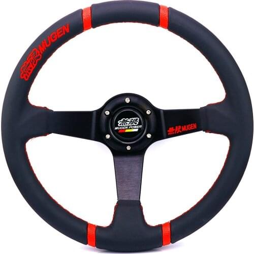 Black Mugen 350mm/14inch Black Genuine Leather Deep Dish Steering Wheel