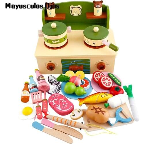 Wooden Children Cut Fruit Vegetables Boys Girls Kitchen Stove Toy Set