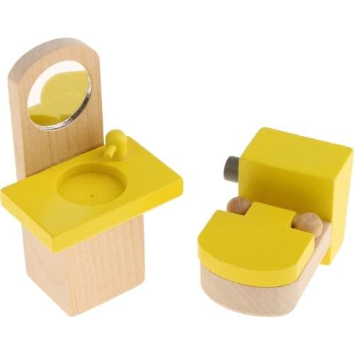 Wood Dolls House Bathroom Set Miniature Furniture Kids Child Pretend Play