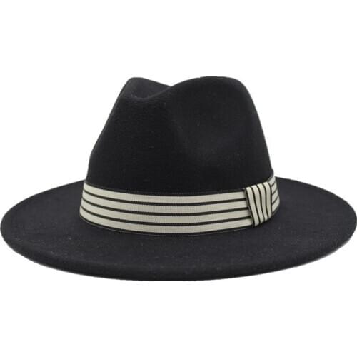 Hot selling woolen jazz top hat ladies striped retro flat brim 61cm straight side mens and womens hats solid color Panama hat