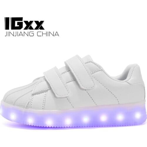 IGxx LED Light Up Shoes For Kids Hook&Loop Best Gift USB Charging Glowing Shoes LED Kid Shoes Child Luminous Sneakers White Boys