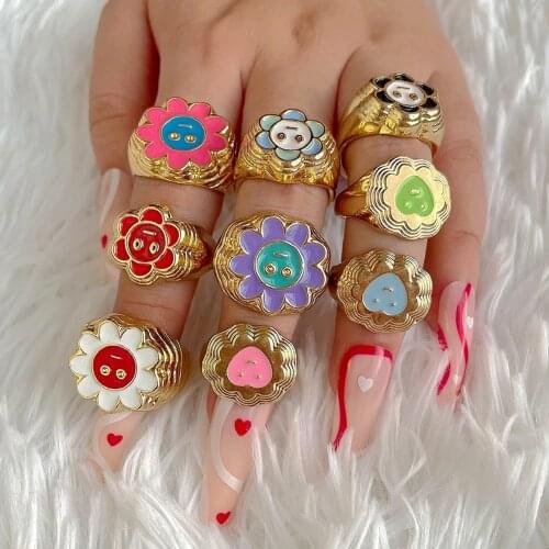 Flower Rings For Women Punk Trendy Smile Face Heart New Design Chunky Metal Ring Colorful Enamel Jewelry Girl Aesthetic Gift