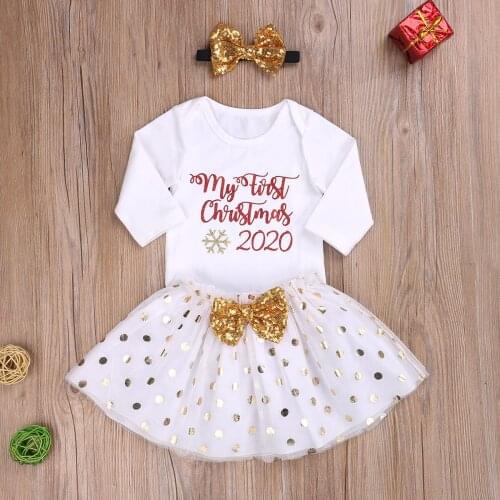 3Pcs Set Newborn Baby Girls My 1st Christmas Clothes Letter Print Bodysuit+Polka Dot Tutu Skirts+Headband Party Kids Clothing