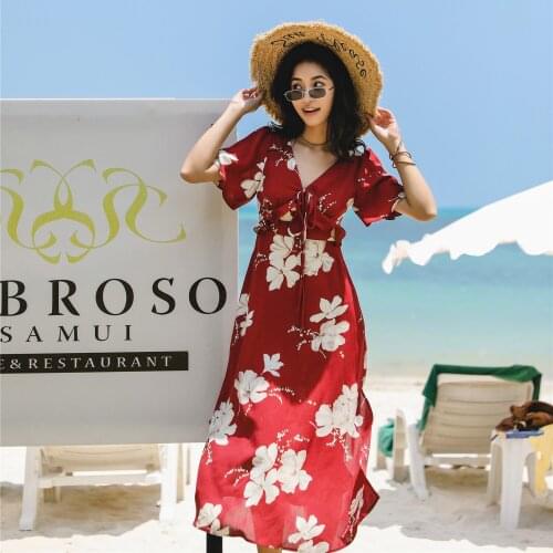 Costume Southeast Asian Ethnic Style Beach Style Women Dress Breathable Daily Wear Traditional Clothing V-neck High Waist Print