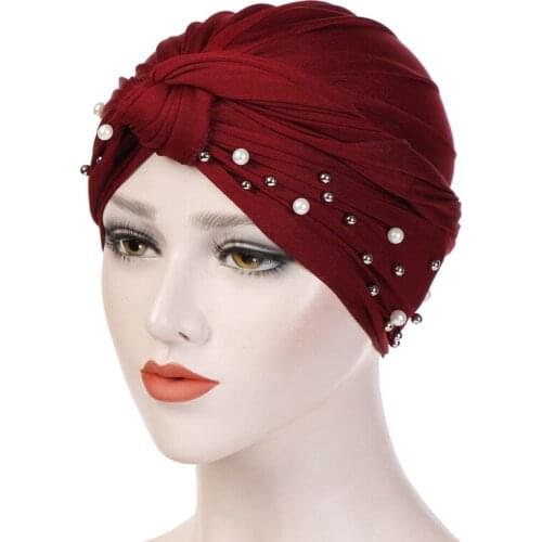 Fashion Womens Head Scarf Hijab Hair Loss Women Turban Cap Cancer Chemo Hat Muslim Pearls Beads Braid