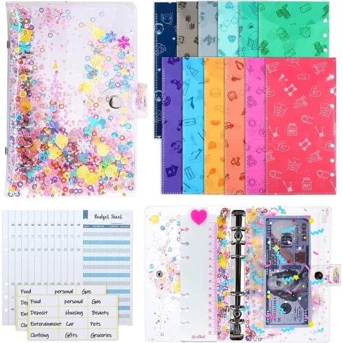 29 Pieces A6 PVC Binder Glitter Cover Sets with 12 Budget Envelopes,Expense Budget Sheet,1PVC Bag, 1 Ruler and 2 Label Sticker